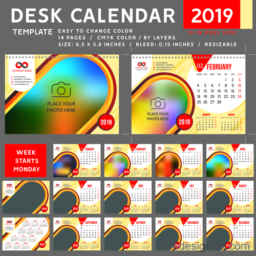 2019 desk calendar template vector material 02