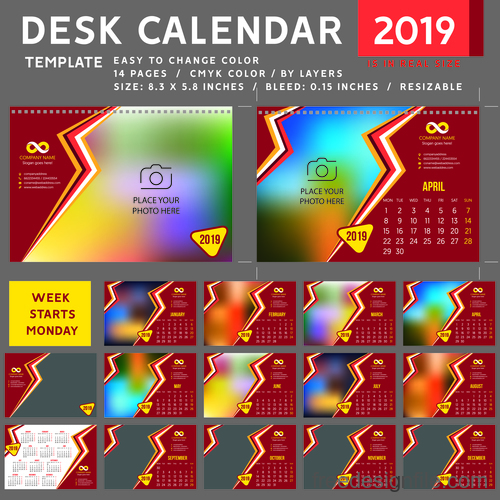 2019 desk calendar template vector material 03