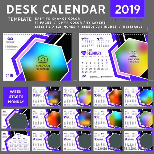 2019 desk calendar template vector material 04