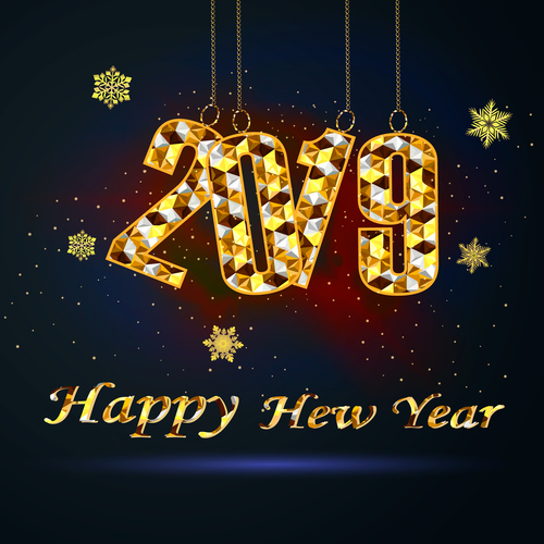 2019 happy new year text design with golden snow vector