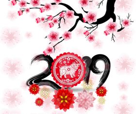2019 new year of the pig year with pink flower design vector 01