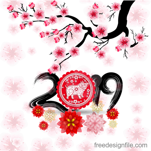 2019 new year of the pig year with pink flower design vector 01