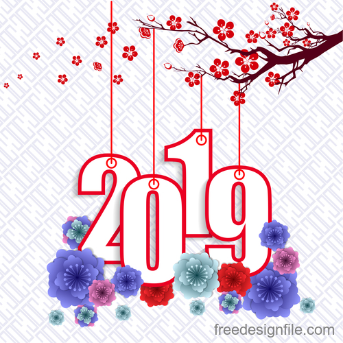 2019 new year with red flower design vector