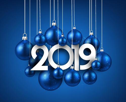 Blue christmas balls with 2019 new year vector