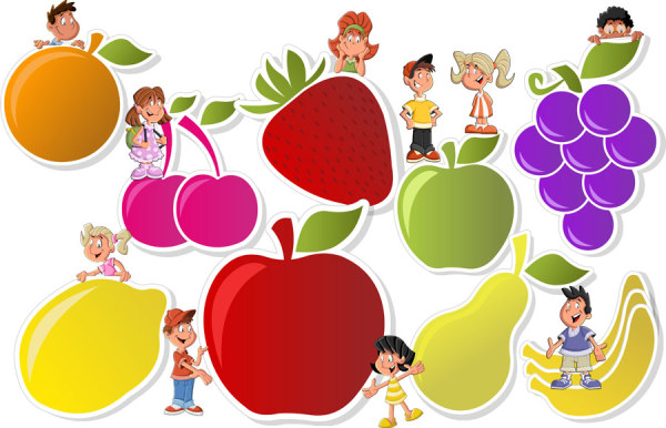 Child with fruit vectors graphic