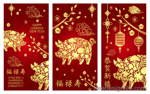 Chinese 2019 new year vertical cards template vector 01