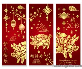 Chinese 2019 new year vertical cards template vector 02