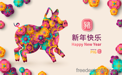 Chinese pig year 2019 festival design vector 09