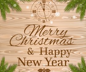 Christmas Greeting Card with clock and branches of wooden background vector 01