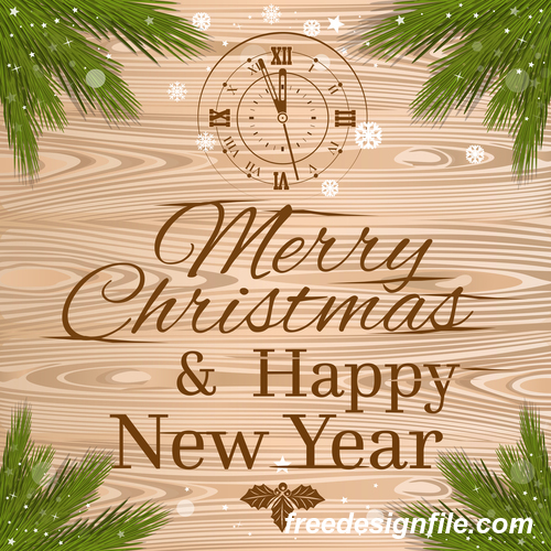 Christmas Greeting Card with clock and branches of wooden background vector 01