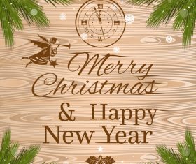 Christmas Greeting Card with clock and branches of wooden background vector 02