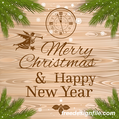Christmas Greeting Card with clock and branches of wooden background vector 02