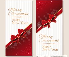 Christmas banner with gold lettering and red ribbon vector material 01