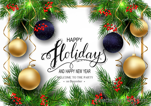 Christmas baubles wiht fir and new year background vector 01