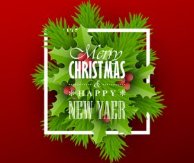 Christmas red background with holly and green leaves vector