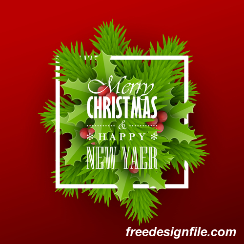 Christmas red background with holly and green leaves vector