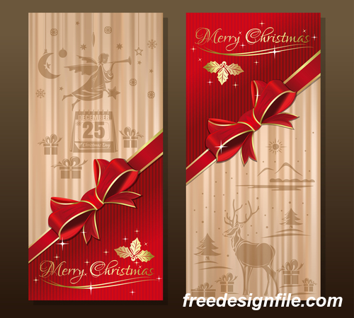 Christmas red bow on beige background vector banners 04