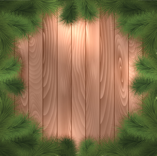 Christmas tree branches and wood background vector