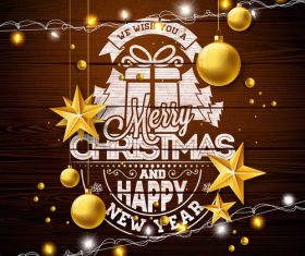 Christmas with new year wood wall background with golden baubles vector