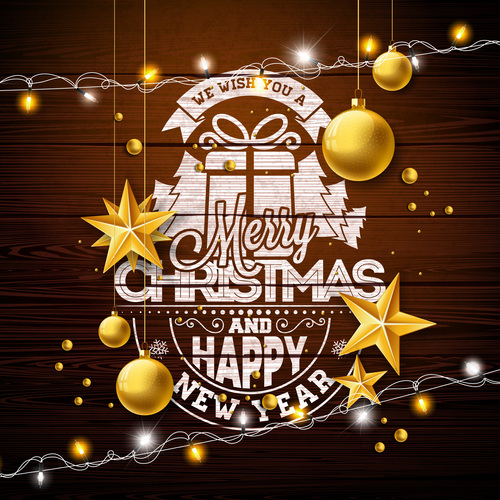 Christmas with new year wood wall background with golden baubles vector