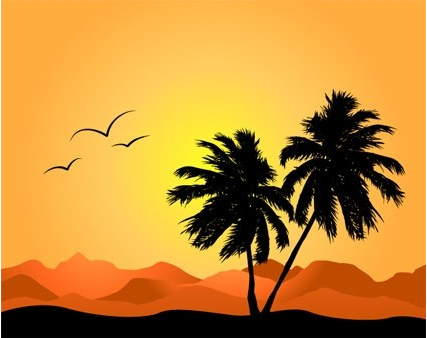 Coconut trees and mountain silhouette vector