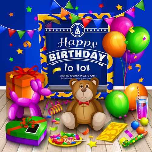 Cute teddy bear with birthday card vectors 02