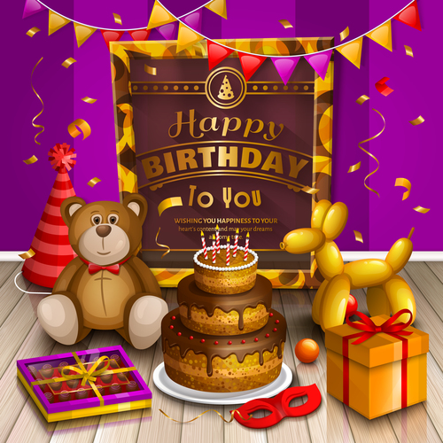 Cute teddy bear with birthday card vectors 03