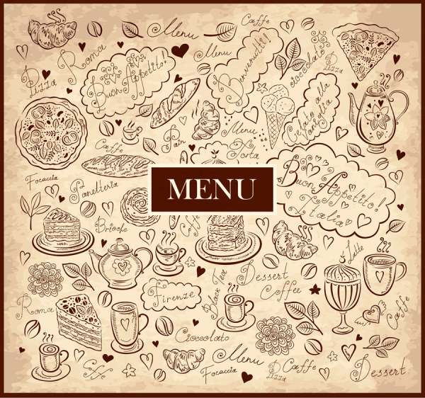 Draw food menu set set vector