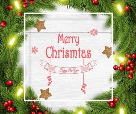 Fir branch frame with christmas wood background vector