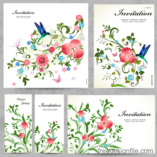 Floral invitation card vector kit 01