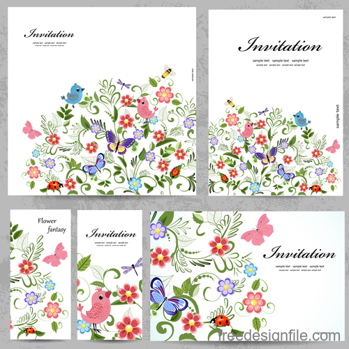 Floral invitation card vector kit 03