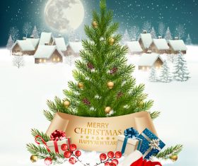 Getting card with christmas tree and winter landscare vector