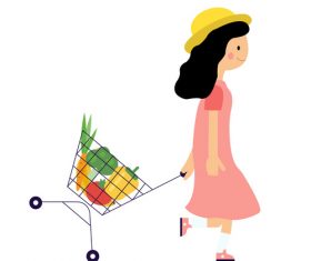 Girl pulling shopping cart vector