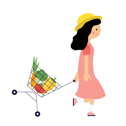 Girl pulling shopping cart vector