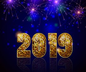 Golden 2019 new year design with firwork background vector