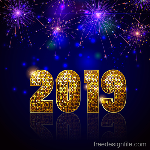 Golden 2019 new year design with firwork background vector