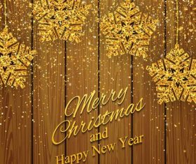 Golden snow decor with christmas and new year wood background vector