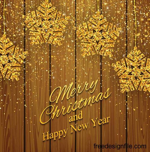 Golden snow decor with christmas and new year wood background vector
