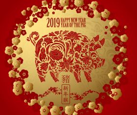 Golden with red 2019 year of the pig vector background