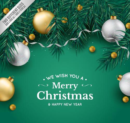 Green chrismtmas background with baubles and fir branches vector