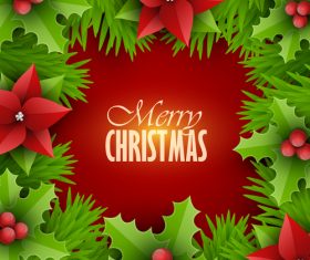 Holly and green leaves christmas frame vector