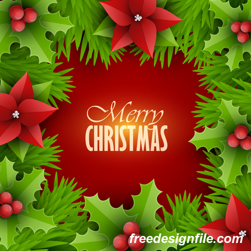 Holly and green leaves christmas frame vector