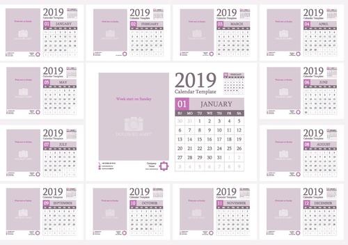 Light color 2019 calendar template with photo frame vector