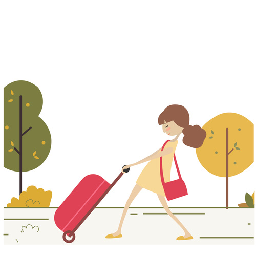 Little girl dragging suitcase tourist hand drawn vector