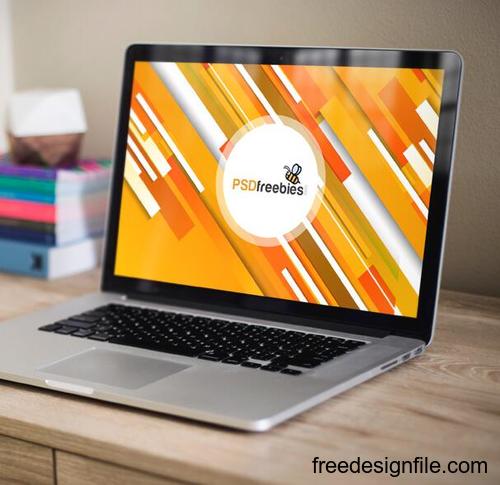 Macbook Pro on Wooden Table Mockup Free PSD 01