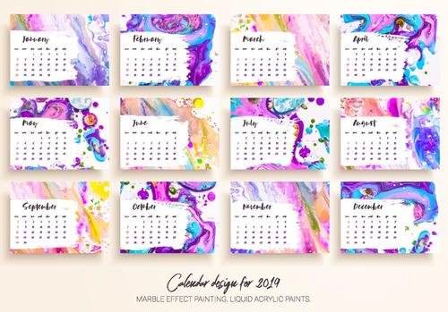 Marble effect painting 2019 calendar template vector