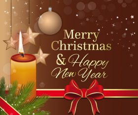 Merry Christmas and New Year greeting card and burning candle vector 01