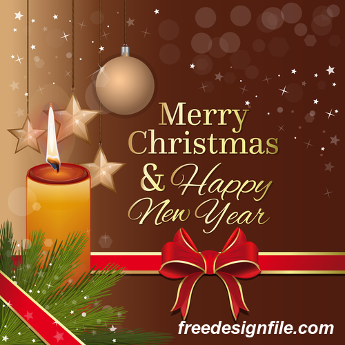 Merry Christmas and New Year greeting card and burning candle vector 01