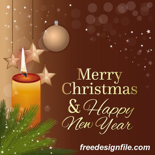 Merry Christmas and New Year greeting card and burning candle vector 02