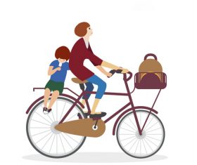 Mother riding bicycle with little boy going to school vector